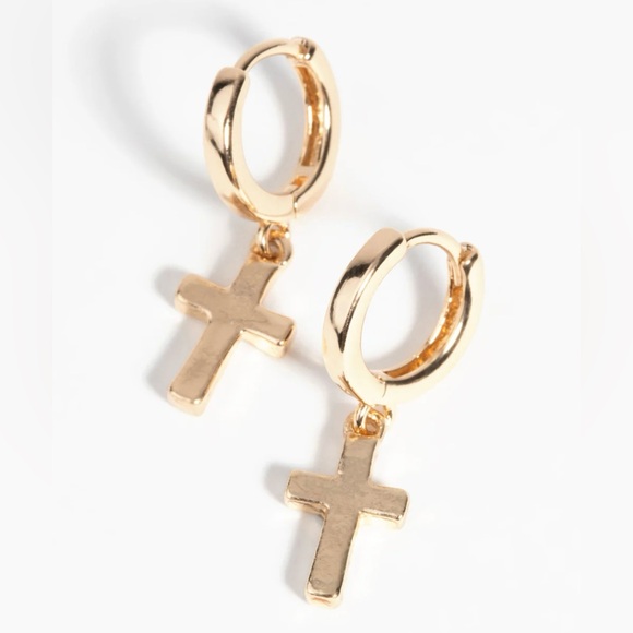 Gold Cross Huggie Hoop Earrings NWT - Picture 1 of 3